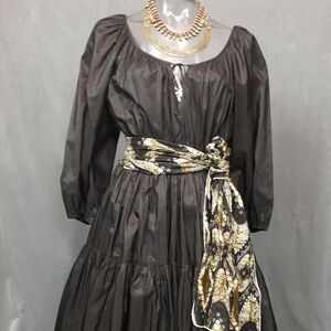 90s Vintage Black Boho Shirred Multi-tiered Gathered Voluminous Peasant Dress